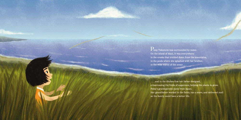 A young Patsy stands in a field of waving grass next to an expanse of blue sea out to the horizon. Two paragraphs of text explain how Patsy grew up in Hawaii, where her family had immigrated to from Japan, and where her family had worked extra hard to make sure they could succeed. 