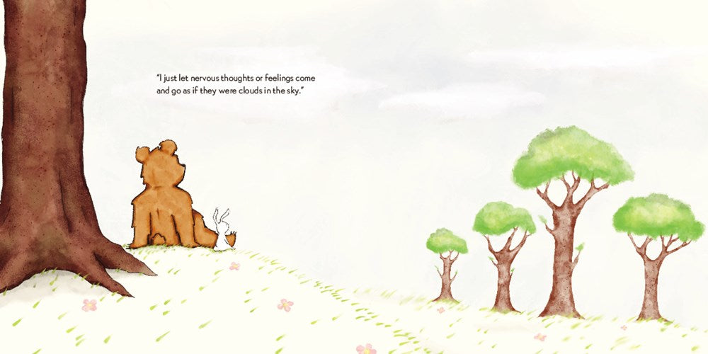 text: "I just let nervous thoughts or feelings come and go as if they were clouds in the sky." Bunny and bear sit on a little hill beneath a tree, looking out into the distance.