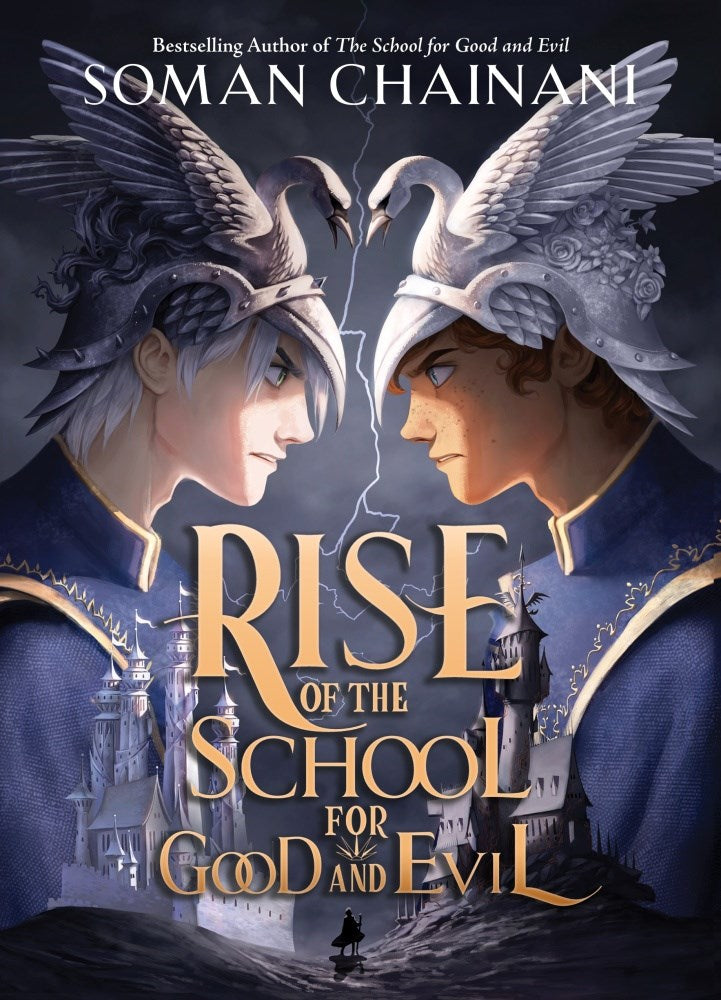 Cover for Rise of the School for Good and Evil. Two boys, both white, glare at one another face to face. They're meant to be mirror images of one another - and both are wearing swan helmets and purple high necked robes
