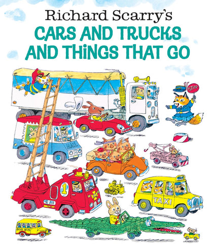 Cover for Richard Scarry's Cars and Trucks and Things That Go, showing some cars and trucks and things that go. Like a crocodile mobile. 