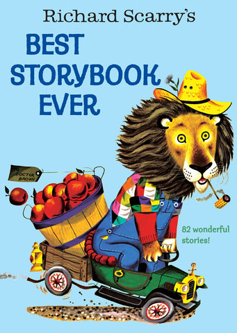 Cover for Best Story Book Ever, featuring a friendly lion farmer driving apples in his truck