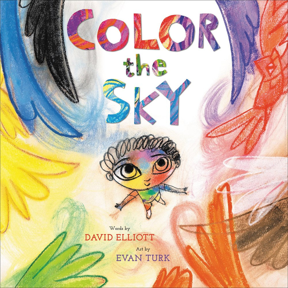 A young boy with curly black hair stands looking up at a whirlwind of colorful feathers circling him. Text: Color the Sky