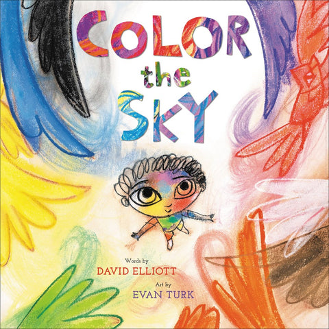 A young boy with curly black hair stands looking up at a whirlwind of colorful feathers circling him. Text: Color the Sky