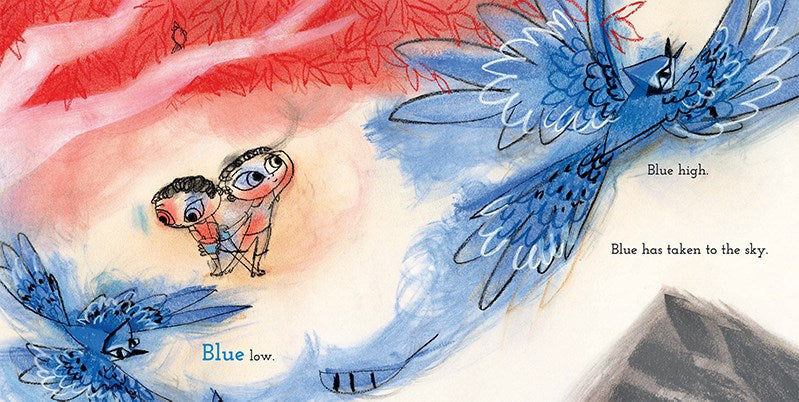 Two kids, both with curly black hair, hold onto each other as a blue bird takes flight in a burst of color. Text: Blue low. Blue high. Blue has taken to the sky.