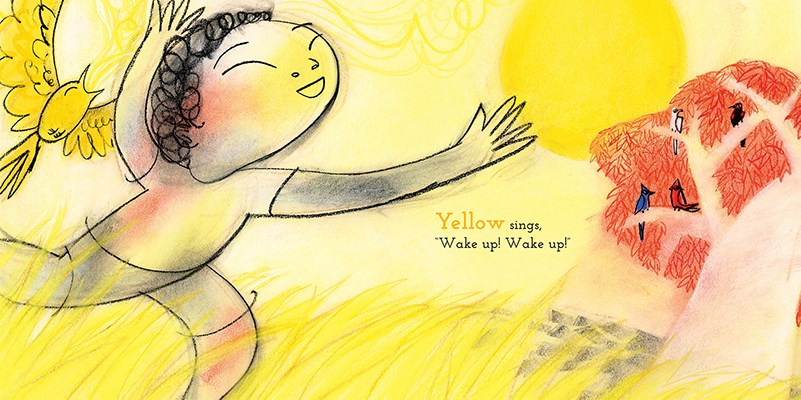 A child with dark curly hair dances in a field of yellow grass beneath a yellow sun, accompanied by a bright yellow bird. Text: yellow sings, wake up! wake up!