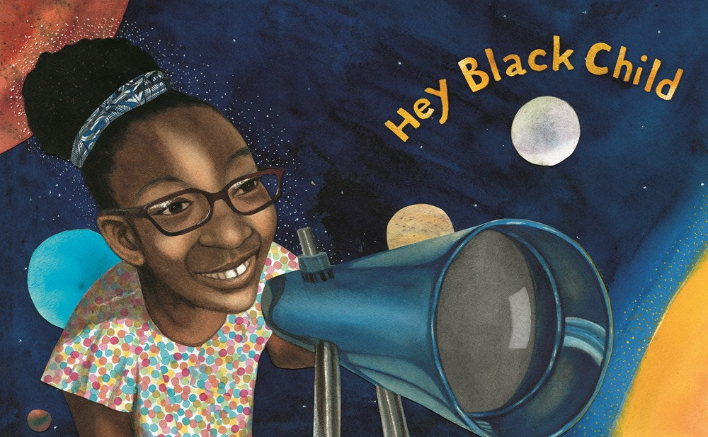 A young Black girl grins as she peers through her telescope. Text: Hey Black child