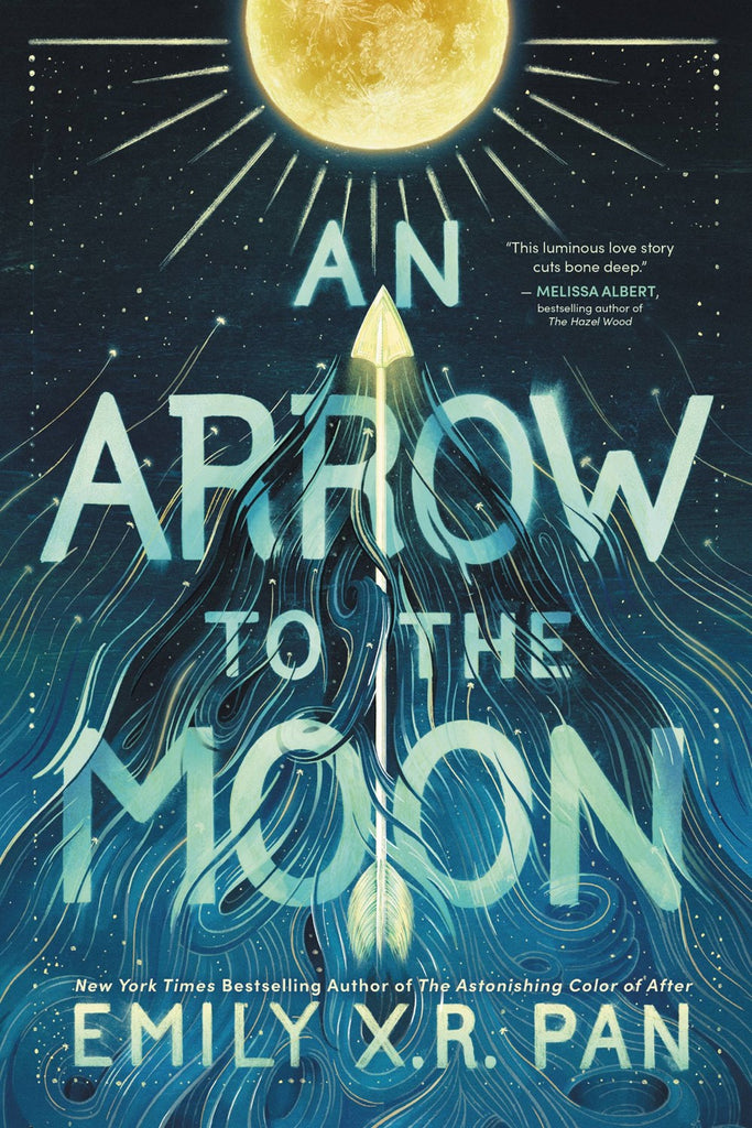 Cover of An Arrow to the Moon, showing an arrow on its way to the moon. But stylized. 