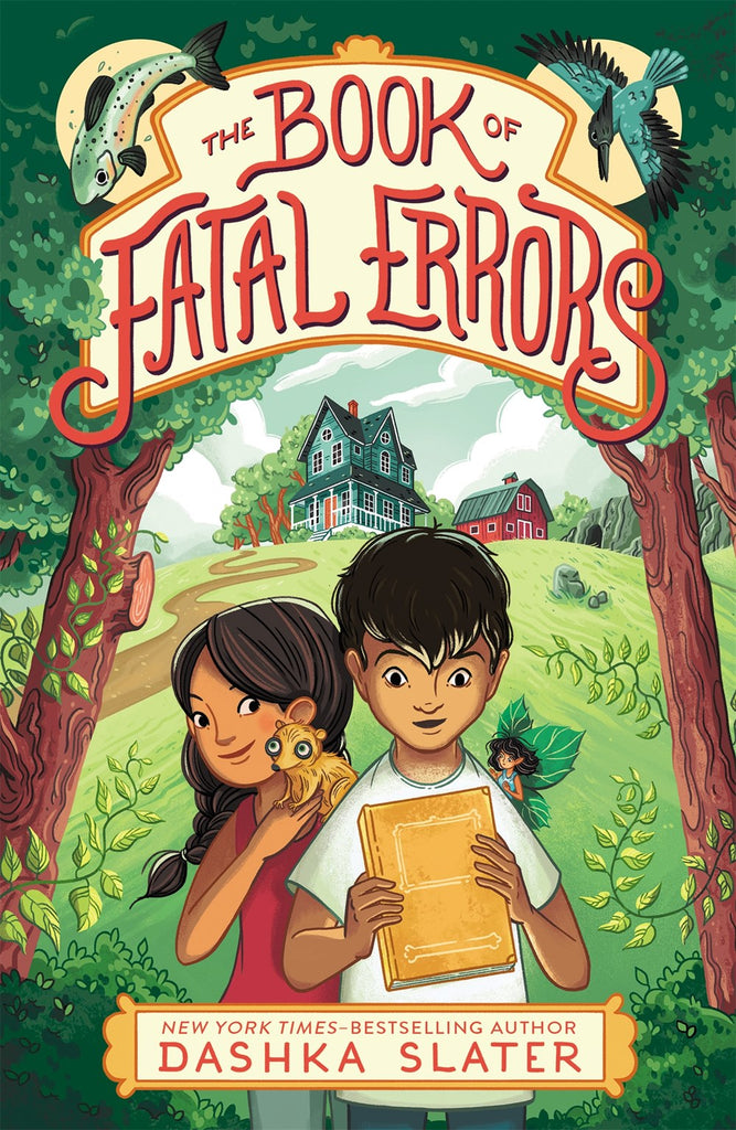 A boy and a girl stand beneath a canopy of trees. The boy holds a golden book with a blank cover - on his shoulder is a tiny feyling fairy. Behind them is a green house and a red barn.