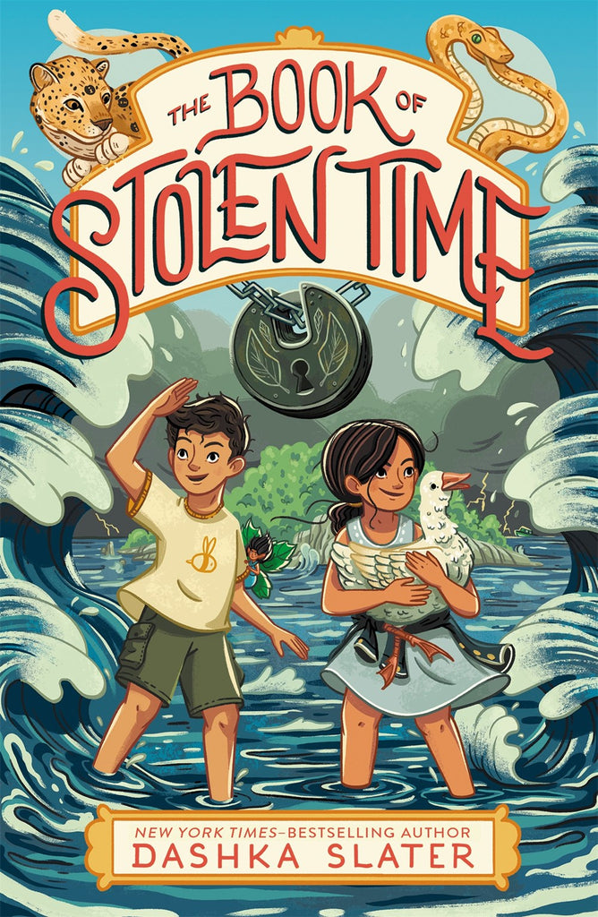 A boy and a girl stand ankle deep in the ocean as waves crash around them. The girl is carrying a goose, while a small Feyling creature stands on the shoulder of the boy. Above them are a locked chain, a leopard, and a snake around the words: "The Book of Stolen Time." 