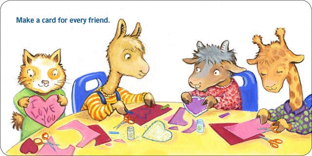 llama llama making valentines. Text: make a card for every friend