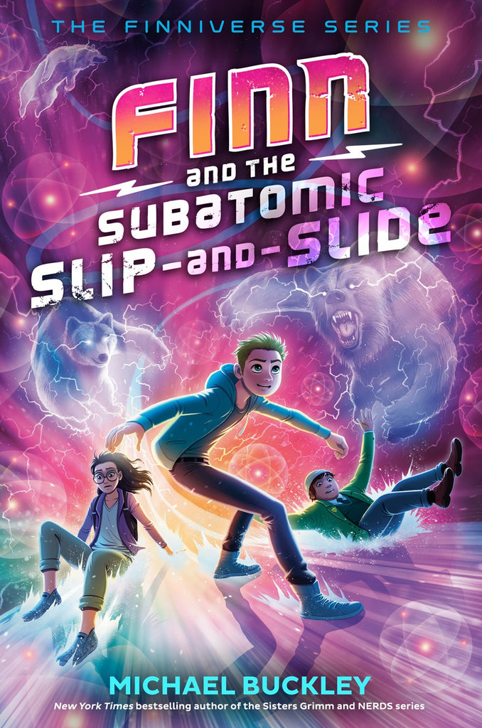 Cover for Finn and the Subatomic Slip-and-Slide showing Finn and pals slipping and sliding on what is surely a subatomic level