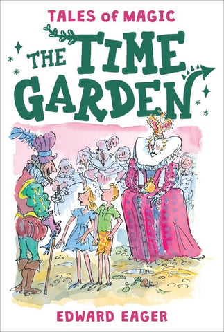 Cover for The Time Garden, showing two modern kids in a very not modern group of Elizabethan courtiers 