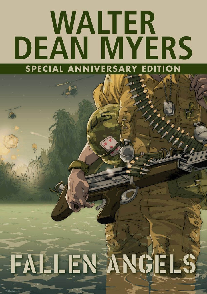 Cover of "Fallen Angels." A young Black GI stands up to his knees in a river, M-60 machine gun cradled in his arms. 