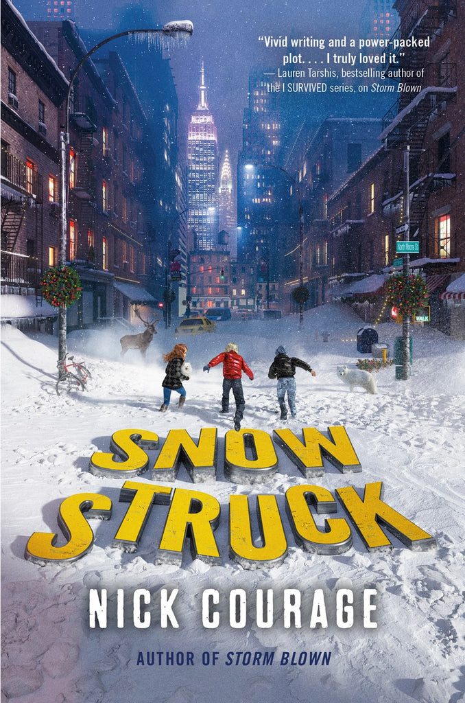 Cover of Snow Struck. It's a weirdly Christmas-y scene of lower Manhattan looking uptown towards the Empire State building and the Chrsyler building. There are reindeer and arctic foxes and three kids running in the snow