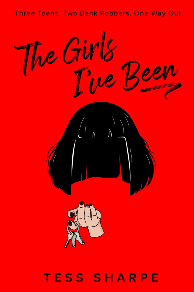 Cover for The Girls I've Been: All red, with a disembodied wig and hand holding keys