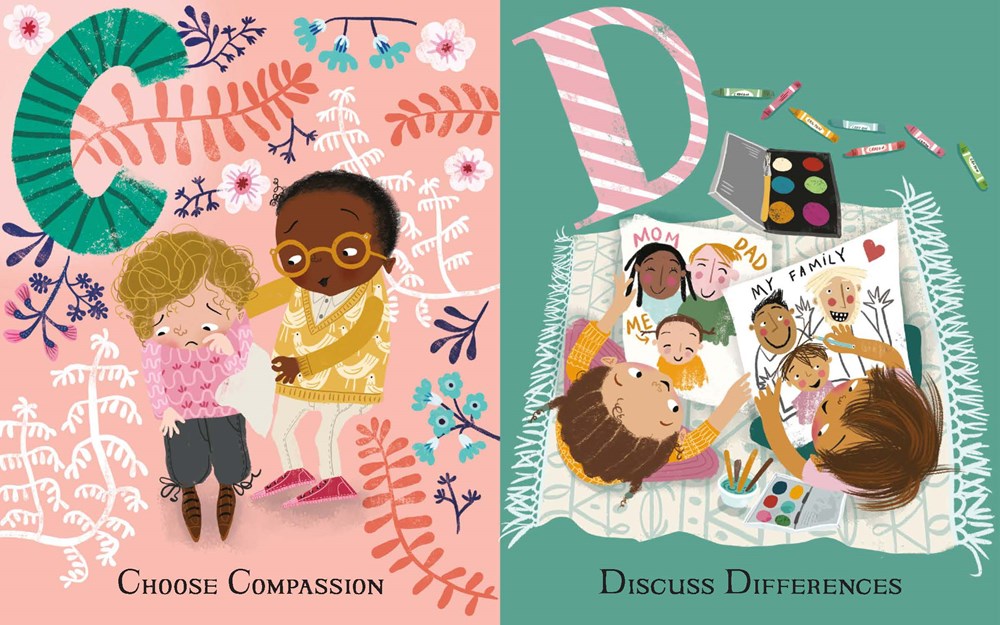 A young Black boy comforts a young white girl in the left panel. Their adorable sweaters match the leaves and birds on the background. On the right panel, two kids compare drawings of their families while they sit on a cozy blanket. Text: C - Choose compassion. D - Discuss Differences