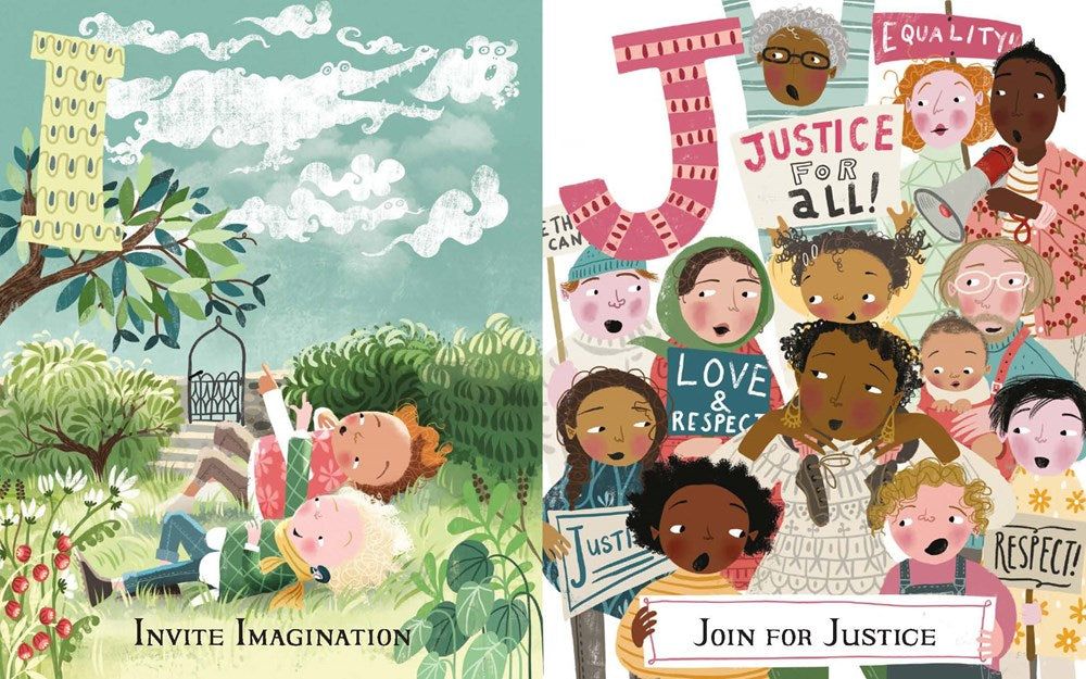 Two children lay on their backs in a field of grass and shrubs and beautiful berry bushes, looking up at clouds taking the form of an alligator chasing a ghost. On the right panel, a diverse group of kids and adults march in a protest, carrying signs calling for love, respect, equality, and justice. Text: I - invite imagination. J - join for justice
