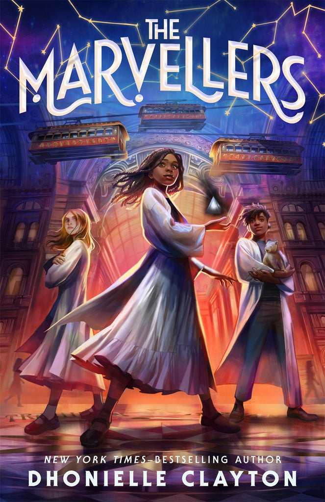 Cover for The Marvellers, showing three girls in flowing robes - two Black and one white, standing triumphantly in front of the Arcanum Institute: a magical-y, Beaux Arts school building