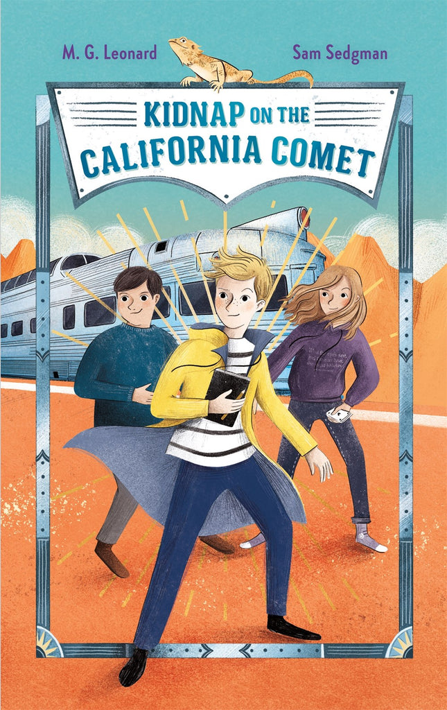 Cover for  Kidnap on the California Comet, showing three white pre-teens in front of a silver streamlined train