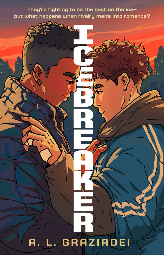 Two teenage boys, both with dark skin and curly hair, stand a few inches apart, tenderly caressing each other's shoulders as the sun sets behind them. Text: ICEBREAKER. They're fighting to be the best on the ice - but what happens when rivalry melts into romance?