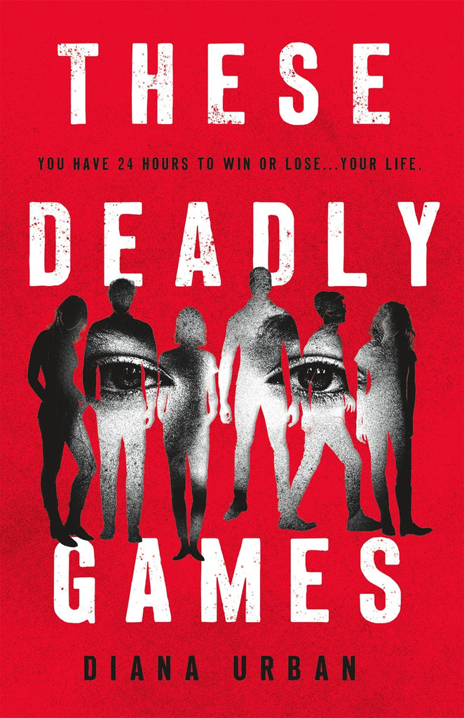 Cover for These Deadly Games. Six shadowed figures with a pair of eyes behind them. Everything else is a thrilling red.