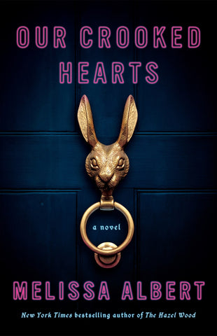 Cover of Our Crooked Hearts: A bronze door knocker with a rabbit head, on a dark blue door 