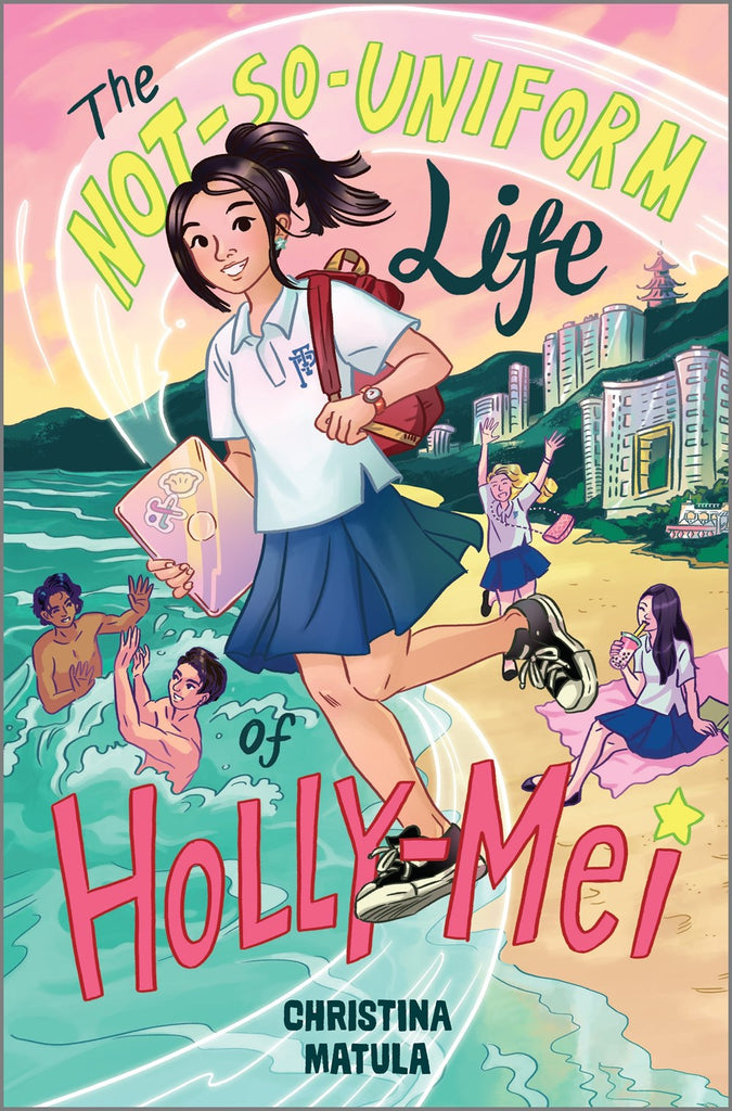 Holly-Mei is all set to ho with her uniform and the Hong Kong beach