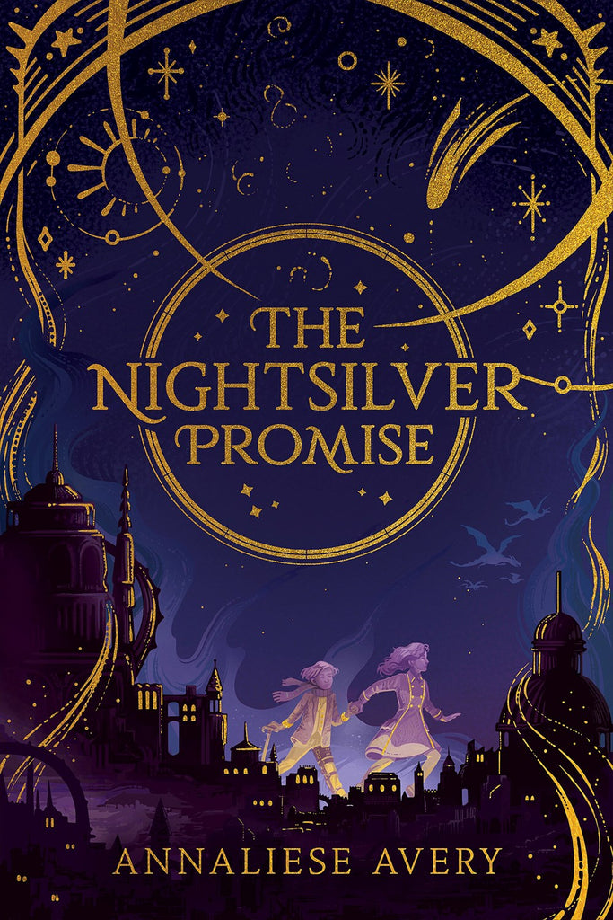 A young girl, silhouetted in purple, leads a younger boy by the hand. In the night sky behind them, the shadows of distant dragons are beneath the golden whirls of clockwork filigree. Below the kids is a cityscape of dark towers. 