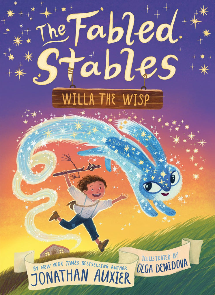 Cover of Willa the Wisp, showing Auggie, a young white boy, chasing a sparkly magical blue bunny along a hillside