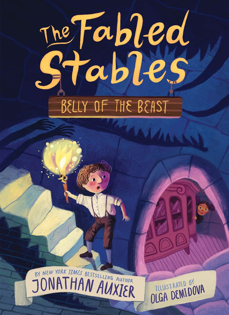 Auggie, a young white boy dressed in suspenders and short pants, ascends a rickety stone staircase while holding a torch. Shadows in the shape of a monster are against the brick wall behind him, and at the foot of the stairs is a young Black girl looking up towards Auggie. The torch itself, upon closer examination, has big eyes and a shocked look on its face. Text: The Fabled Stables, Belly of the Beast
