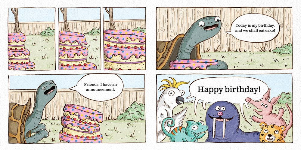 Mr. Tortoise announces his birthday! There's cake!