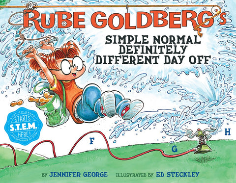 Cover for Rube Goldeberg's Simple Normal Definitely Different Day Off. A young rube goldeberg swings into the spray of a sprinker