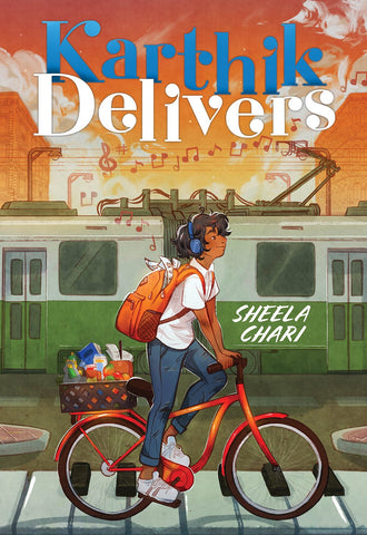 Cover for Karthik Delivers, showing Karthik, a young Indian American middle schooler, on his bike delivering groceries. Behind him, the powerlines of a metro train are laden with musical notes, and the sidewalk at his feet has become the keys of a piano. It's somehow 80s and 2000s all at once