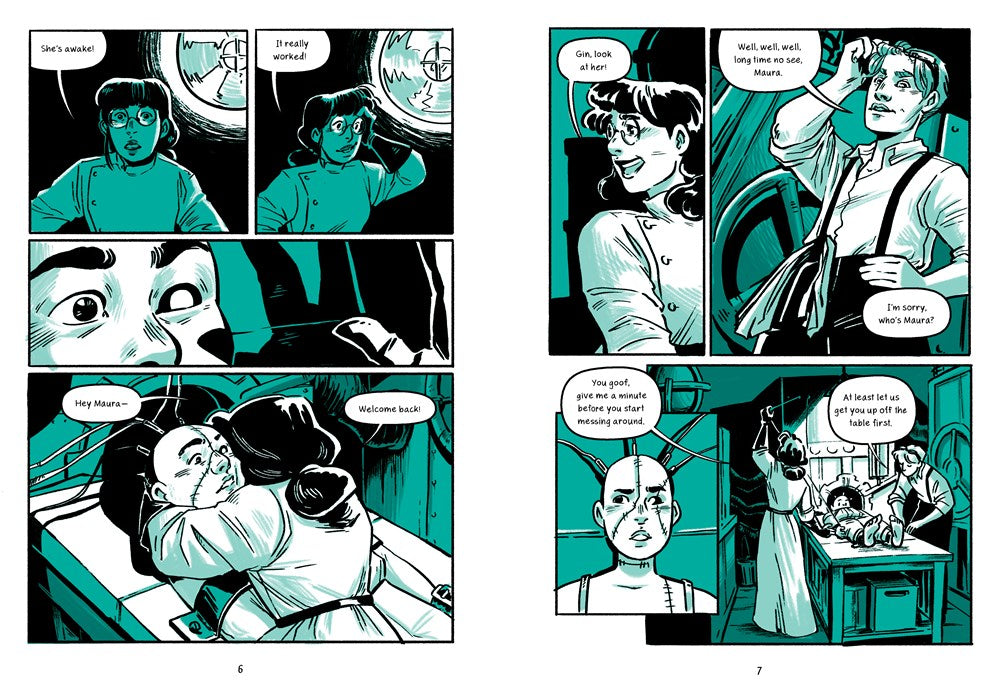 Panels from M is for Monster - all in a green tinted style, showing a scientist joyfully hugging her sister who she's just brought back to life