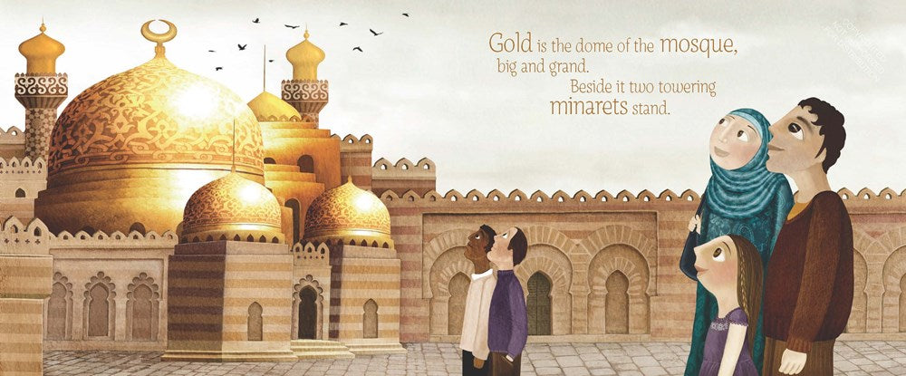 Gold is the dome of the mosque, big and grand. Beside it, two towering minarets stand
