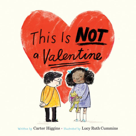 A young white boy stands in front of a young Black girl, who's holding a frog with a purple ribbon around its neck. Behind them, a giant heart contains the words "This is not a valentine"