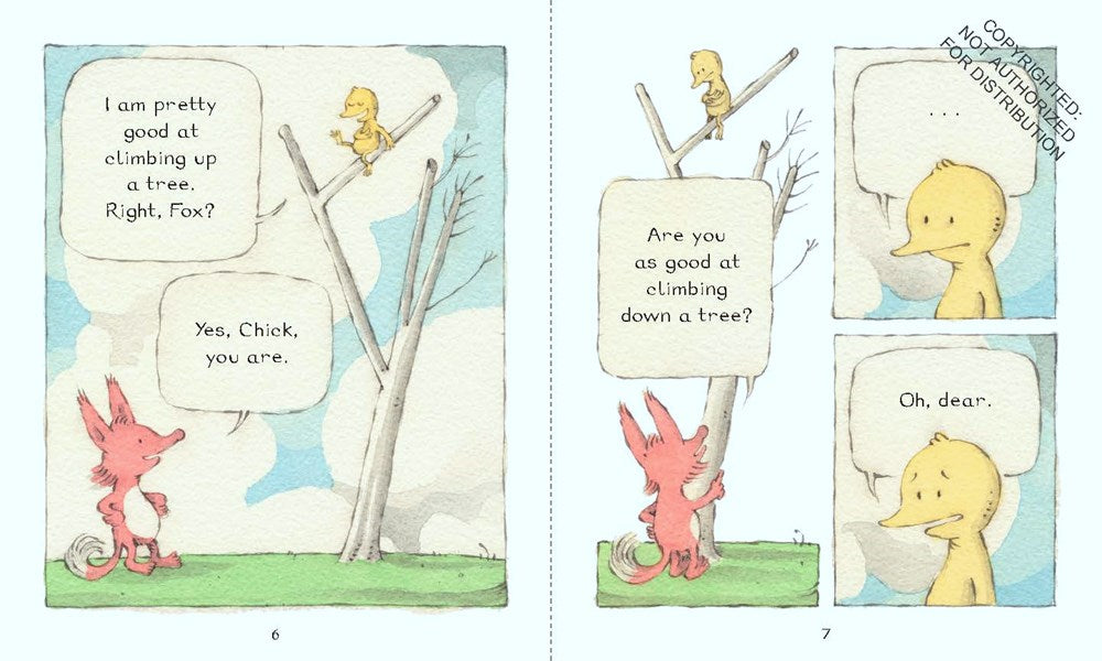 Chick can't climb down from the tree