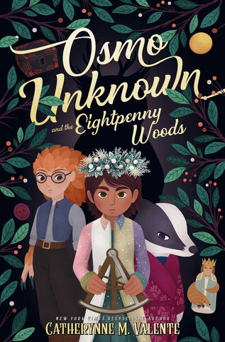 Cover of "Osmo Unknown and the Eightpenny Woods," featuring Osmo, a young boy with light brown skin and a killer flower crown, alongside several fey companions 