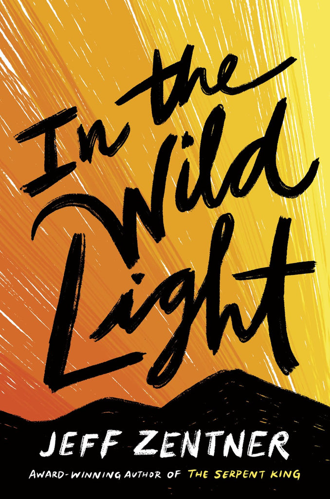 Cover for In The Wild Light: bright golden light fills the sky behind a sketched mountain range. It's somehow sad and exhilarating at the same time