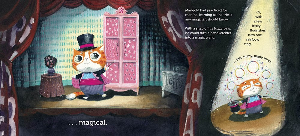 ...Magical. In the illustrations, Marigold - in his magician's suit  - performs a number of dazzling tricks in the spotlight, the curtains fully open. 