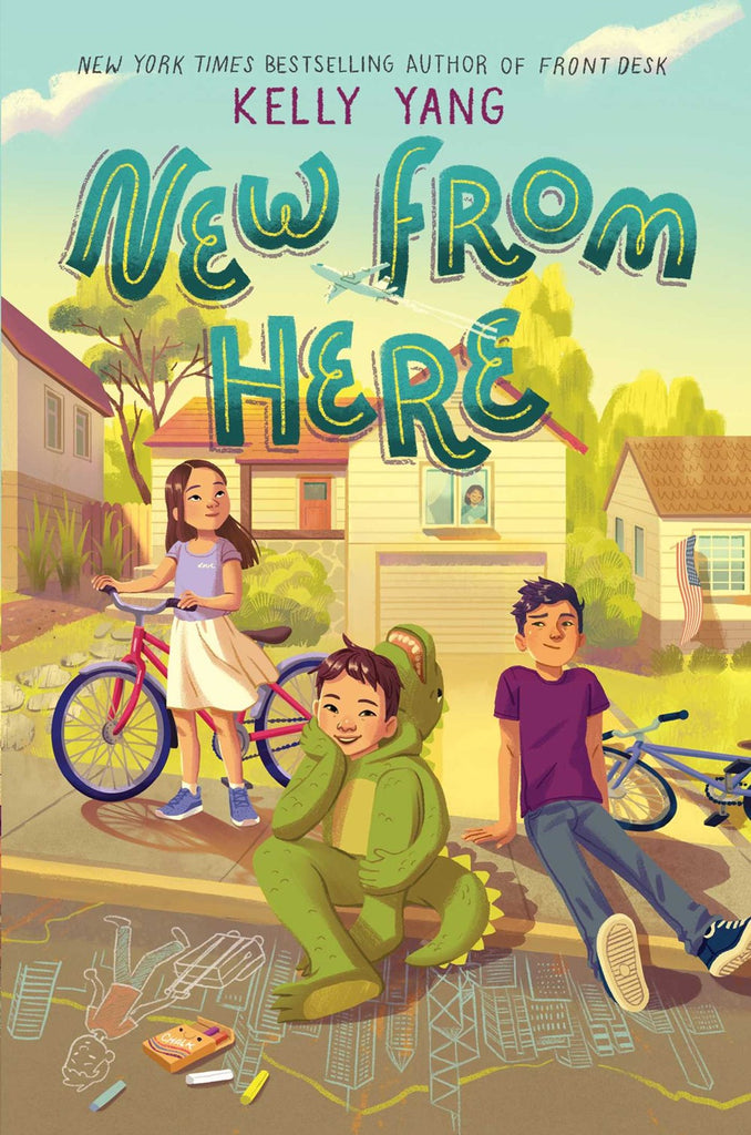 Cover of New From Here, showing Knox Wei-Evans with his brother and sister on the sidewalk of his suburban California house