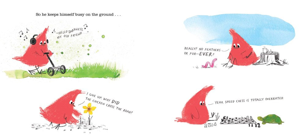"So he keeps himself busy on the ground." Four illustrations show Bob in various states of ennui, poor thing. Talking to flowers, having tea with earthworms, playing speed chess with turtles - the kid is killing time. 
