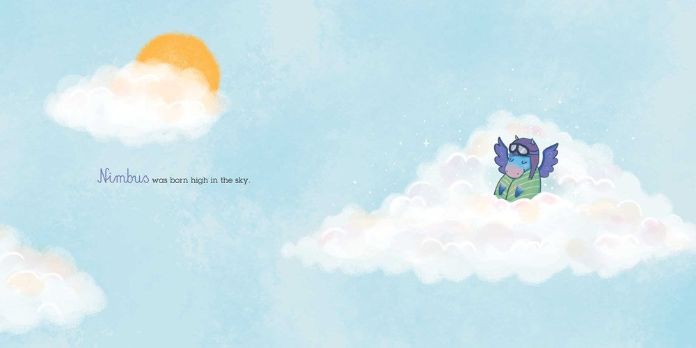 Nimbus, the young blue pegasus, sleeps peacefully in a cloud. Text: Nimbus was born high in the sky