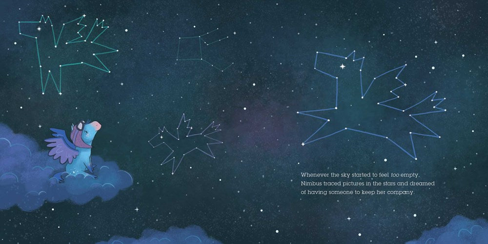Nimbus sits on a cloud and stares out at the stars, tracing pegasus designs into them with her mind. Text: Whenever the sky started to feel too empty, Nimbus traced pictures in the stars and dreamed of having someone to keep her company