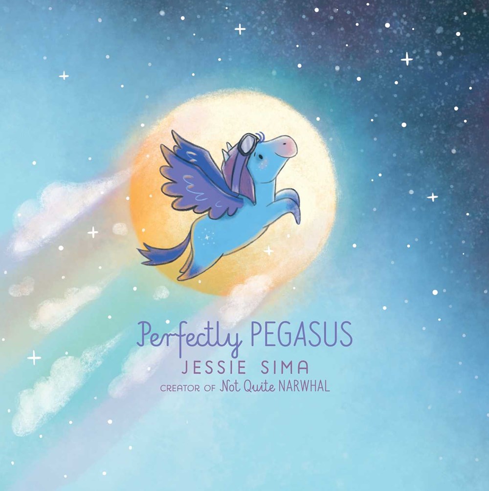 A young blue pegasus with purple wings and aviator goggles flies past the moon. Text: Perfectly Pegasus