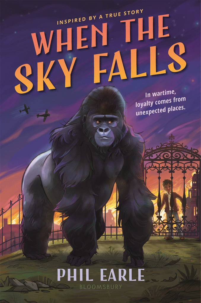 Cover for When the Sky Falls, showing a gorilla in front of a burning city. "In Wartime, loyalty comes from unexpected places