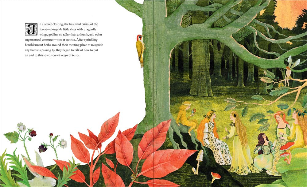 Two page spread, maids frolicking in the forest.