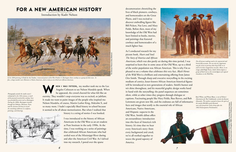 Two page spread showing part of the introduction by Kadir Nelson, titled "For a New American History." Kadir Nelson points out, among other things, that history is a series of exciting stories, that up to one third of the population of the Old West was Black, and that this book is extraordinary.