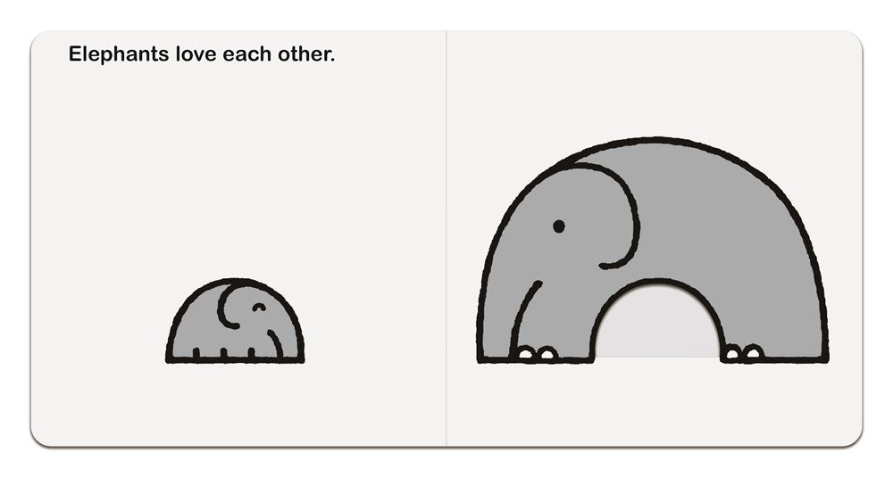 Text: elephant love each other. A big elephant and a baby elephant.