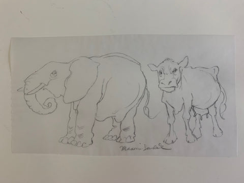 Elephant and Cow Original Drawing